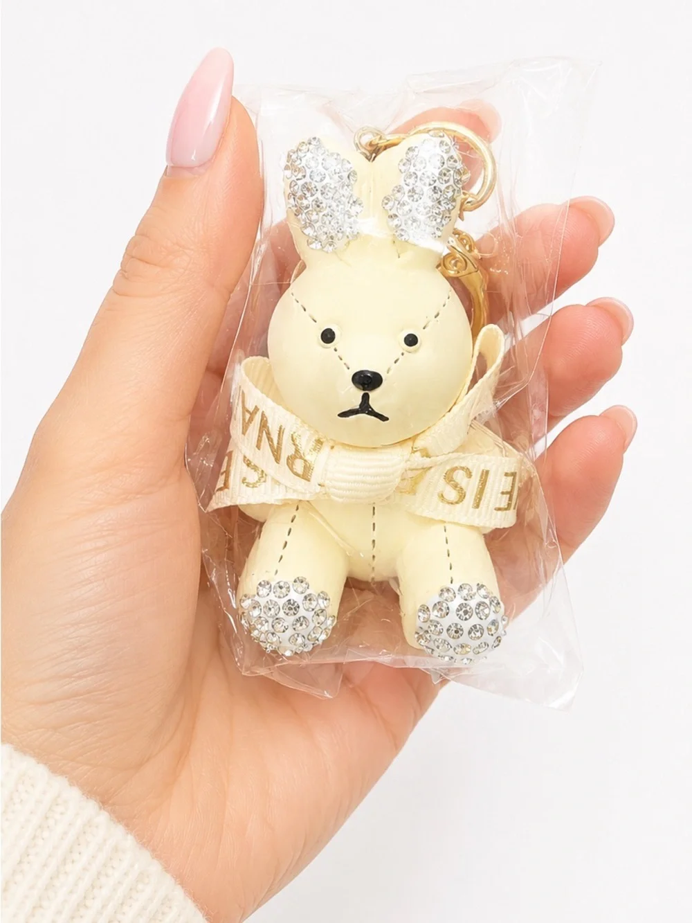 Luxury Rhinestone Cream Bunny Gold Keychain/Bag Charm • NEW IN PACKAGE
